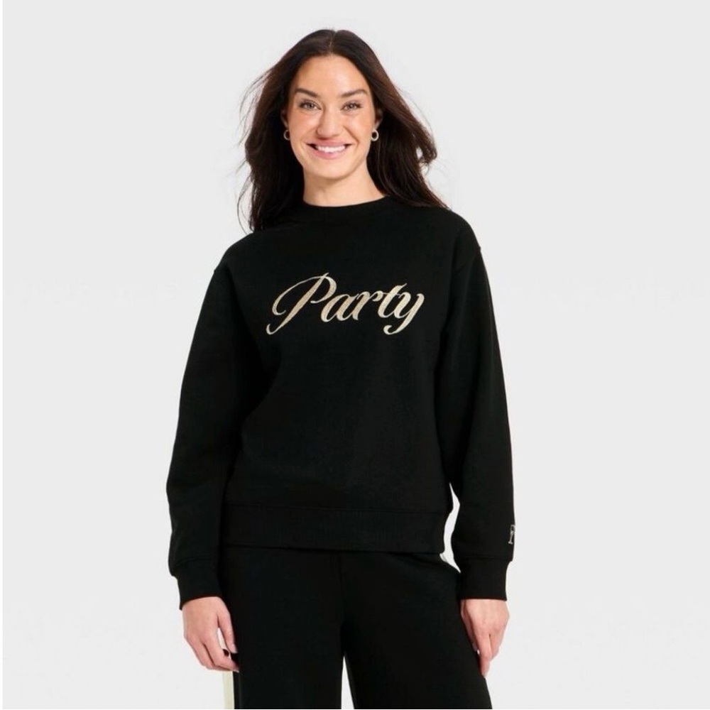 Black "Party" in Gold Sweatshirt with Champagne Glass Accent